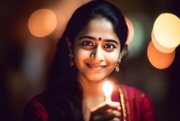 Indian married woman smiling with burning candle. Looking beauty adult person love. Generate Ai