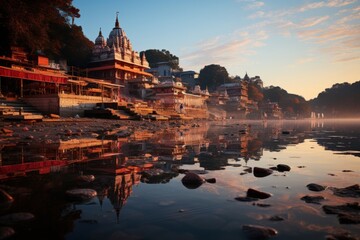 Fototapeta premium Serene reflection in the Ganges River at sunrise, Generative AI