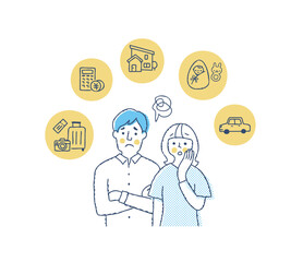 困った表情の若いカップルと生活アイテムアイコン