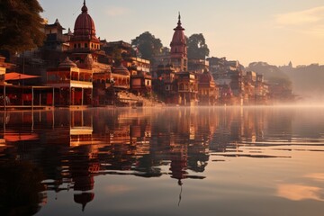  Serene reflection in the Ganges River at sunrise, Generative AI - obrazy, fototapety, plakaty