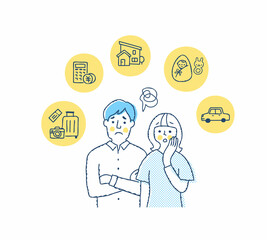 困った表情の若いカップルと生活アイテムアイコン