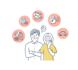 困った表情の若いカップルと生活アイテムアイコン