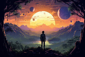 Silhouette of a Man in Anime Lofi Landscape: Gazing at a Futuristic Jurassic Jungle with Planets and Spaceships in the Distance
 - obrazy, fototapety, plakaty