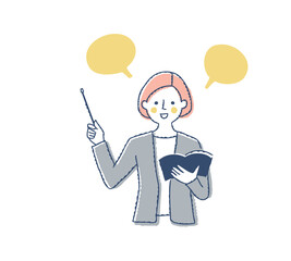指示棒を持って説明する女性とフキダシ