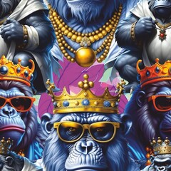 Seamless background with formidable monkeys with a crown. For printing on wrapping paper and textiles. And also for the background on your desktop, website, etc.