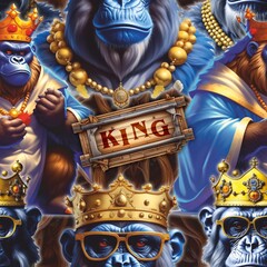 Seamless background with formidable monkeys with a crown. For printing on wrapping paper and textiles. And also for the background on your desktop, website, etc.