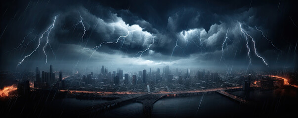 In the eye of storm. Lightning storm over city in dakr blue light. thunderstorm flash - obrazy, fototapety, plakaty