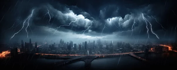 Muurstickers In the eye of storm. Lightning storm over city in dakr blue light. thunderstorm flash © Alena