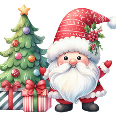 cute gnome santa claus cartoon hand draw cartoon style and christmas tree on white background, watercolor on png transparency 