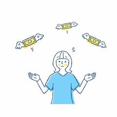 お札が飛んで行き困っている若い女性