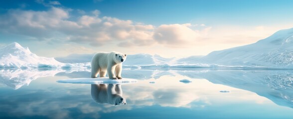  polar bear standing on an ice floe, perfect reflection on water, drawing attention to the plight of wildlife affected by climate change.copy space for text