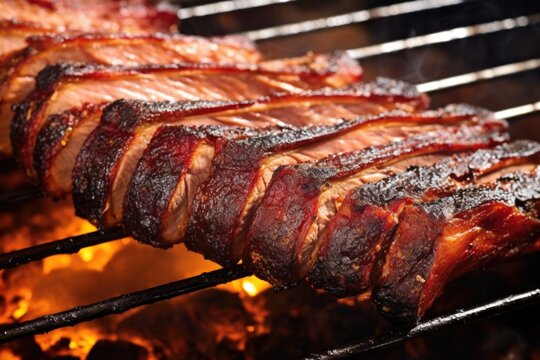 close-up image of charred edges on a rack of pork ribs