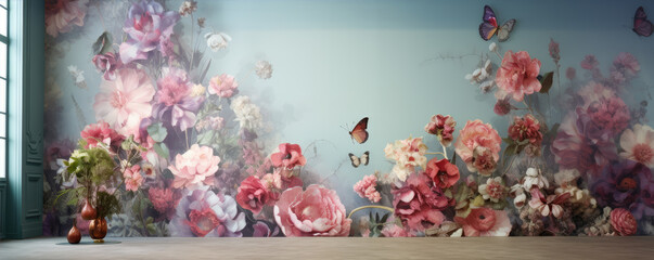 Beautiful floral wide background with pink and meadow flowers.