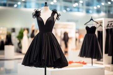 A beautiful black dress on a mannequin in a fashion salon. Shopping concept. Generated by artificial intelligence