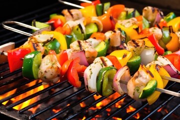 tongs caught mid-flip with skewers of grilling vegetables