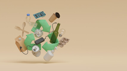Recycle reuse symbol plastic bottle food plastic packaging glass bottle paper electronic waste aluminum  crushed can recycling process zero waste reduce ecology environment concept. 3d rendering.