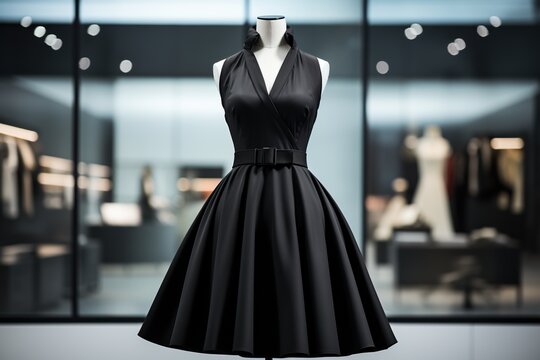 A Beautiful Black Dress On A Mannequin In A Fashion Salon. Shopping Concept. Generated By Artificial Intelligence