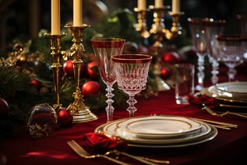a lavish Christmas dinner table setting with a crimson tablecloth, gold cutlery, and crystal glassware