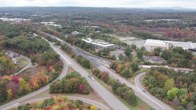 Drone footage over Donald Lynch Boulevard in Marlboro, Massachusetts. Near the on off ramps to route 495.