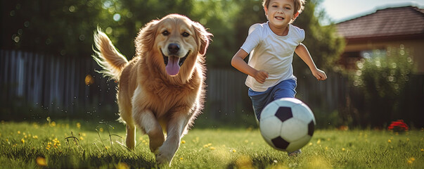 Young boy playing soccer with his dog on green grass.