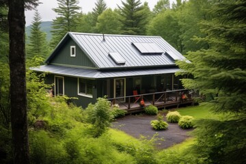 subtle view of metal-roofed farmhouse hidden between lush green trees