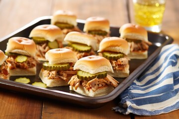 mini bbq pork sliders with pickles on a checkered tray