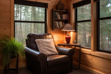 comfortable reading corner next to a large cabin window