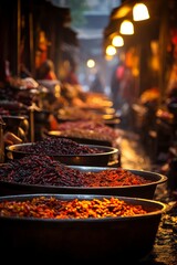 Bustling spice market in Old Delhi, filled with aromatic spices and colors, Generative AI