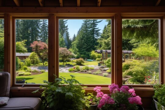 full picture window revealing a log cabins lush garden view