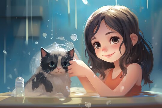 little girl bathes her kitten in a foamy, fragrant bath