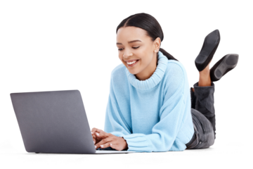 Laptop, relax and woman typing for online project on isolated, png and transparent background. Student, digital learning and happy female person with computer for research, studying and internet