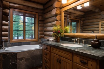 log cabin bathroom featuring stone sink