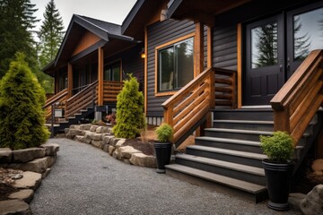 Fototapeta na wymiar cabins stone doorstep shot, contrasting with surrounding wooden elements