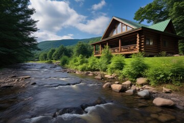 Fototapeta na wymiar log cabin in a riverside mountain setting