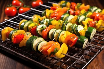 vegetable skewers lined up on a dark grilling pan