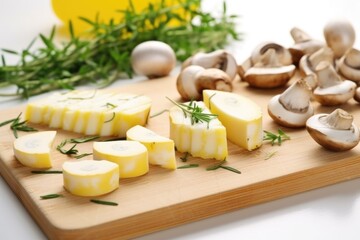 sliced cheese-filled mushrooms on a white chopping board