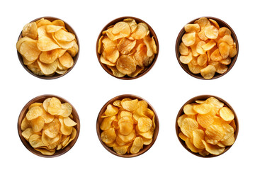 Collection of top-view crispy potato chips in a bowl isolated on a transparent background - obrazy, fototapety, plakaty