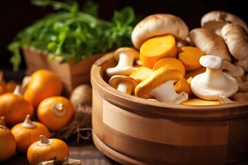 close-up of cheese-filled mushrooms in a wooden bowl