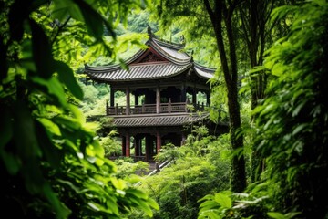 traditional asian temple pictured within lush green foliage