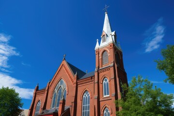 Obraz premium classic red brick church captured under a clear blue sky