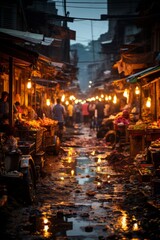 Naklejka premium Colorful chaos of a Mumbai street market, Generative AI