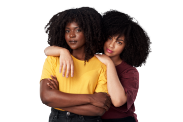 Women, friends and hug, portrait and hair with beauty, attractive and diversity on png transparent background. Young, gen z and friendship with female people and afro hairstyle, trust and support