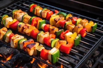 skewers with marinated tofu cubes grilling over hot coals