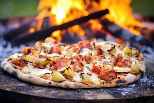 wood-fired bbq pizza with chunks of firewoods in background