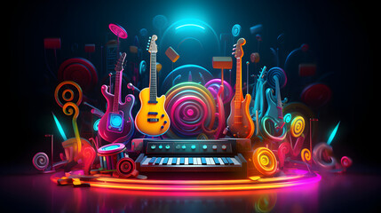 Colorful neon background with musical instruments