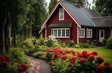 scandinavia house with garden - obrazy, fototapety, plakaty