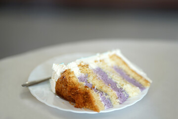 A piece of sweet delicious puff pastry on a plate.