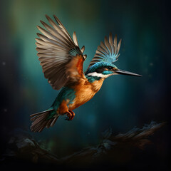 Fototapeta premium Flying kingfisher on green background