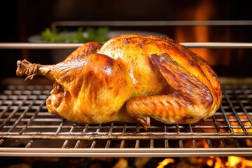 close up of a whole rotisserie chicken turning slowly