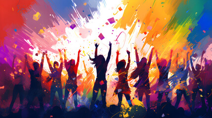 Illustration of people dancing together, vibrant rainbow colors in background